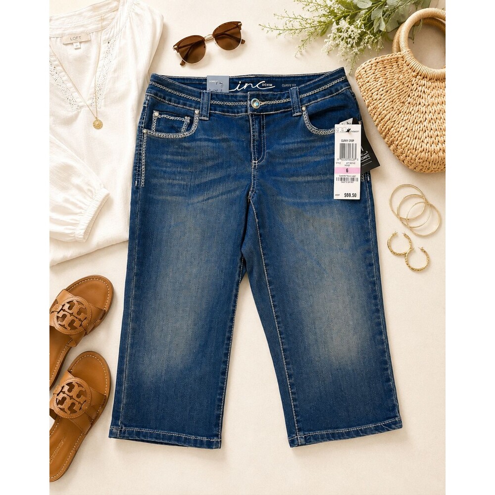 INC Denim Curvy Crop Jeans Womens 6 Indigo Embroidered Stretch NWT Capri